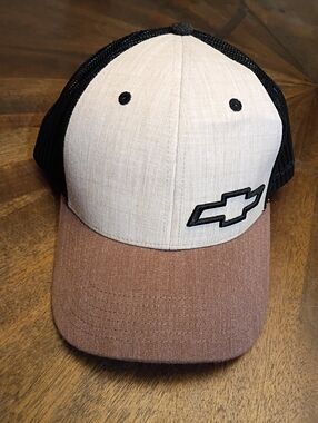 Chevrolet Bowtie Trucker Hat Snapback Beige Brown Black Mesh Cap Chevy Racing